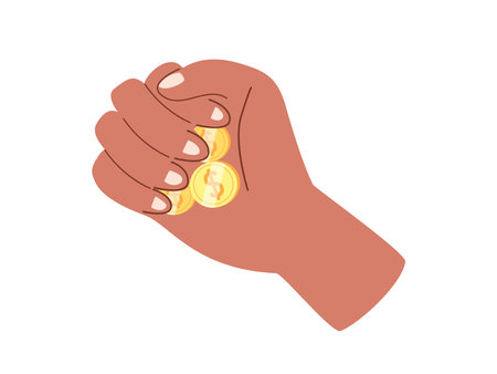 Gold coins in palm.Hand holding cash money,finance.Financial help,savings and cashback concept. Contribution and donation with golden dollar cents.Flat vector illustration isolated on white backgroundのイラスト素材