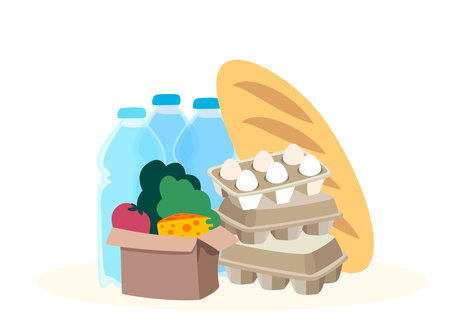 Food and Meal composition.Living wage Products.Volunteering donation,Products,food to Food Donation Center.Charity,support concept.Humanitarian charitable help.Vector illustrations on white backgroundのイラスト素材