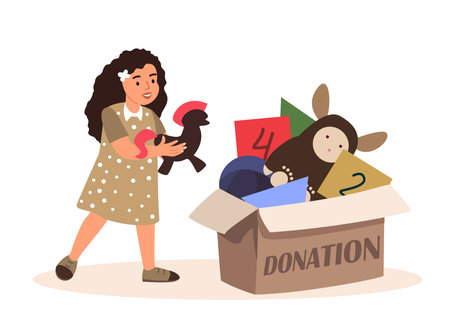 Action for Kids.Children help Children. Girl Taking Free Toys from Donation Box, Children Social Support and Assistance Concept. Humanitarian Aid to Poor Kids. Cartoon People Flat Vector Illustrationのイラスト素材