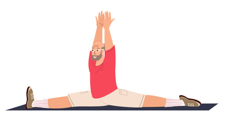 Senior Male Character in Sportswear Engage Yoga Practice Isolated on White Background. Old Retired Man Sitting on Mat with Raised Arm.Pilates Workout, Training Class.Cartoon People Vector Illustrationのイラスト素材