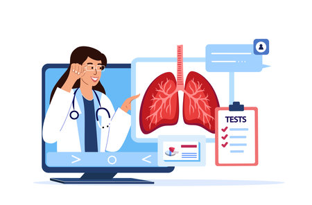 Online Pulmonologist Virologist Doctor Consultation,e-health.Diagnosing Lungs,Trachea,Bronchi COVID,Pneumonia.Ultrasound,Magnetic Resonance Tests.Internet Treatment.Digital Medical Hospital Diagnosticのイラスト素材