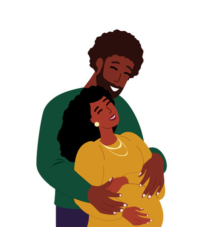 Happy couple hugging.Future Mother and father holding female pregnat belly.Loving Woman and man future parents.Happy motherhood,decree,parenting.Flat vector illustration isolated on white backgroundのイラスト素材