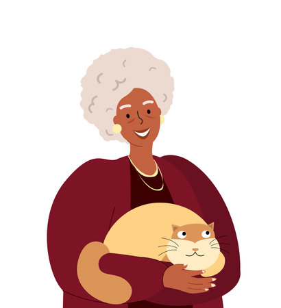Smiling African Senior Lady with cat,happy elderly retired woman hug her fat cat.Happy woman,Old Senior Person wear fashion stylish clothes,accessory.Flat vector illustration isolated,white backgroundのイラスト素材