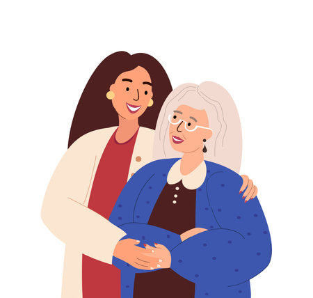 Portrait of happy retired Elderly Mother and adult daughter hug each other.Adult woman embracing mature parent or grandparent isolated on white.Parent with child feeling love.Flat Vector illustrationのイラスト素材