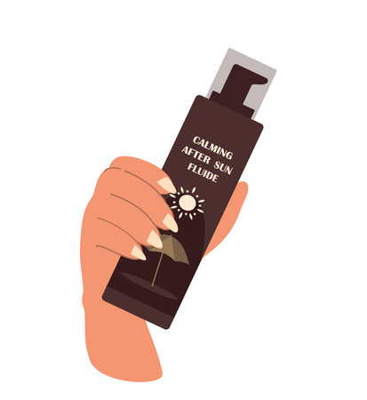 Hand Holding a Spray Bottle of Sunscreen Lotion Fluide after Sun.Product Calming and Moisturizing Skin Sunblock.Healthy Tanning,Sunbathing.Anti-UV Cream,Lotion.Flat vector illustration isolatedのイラスト素材