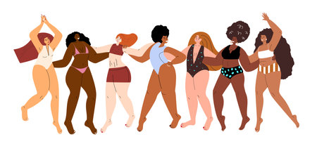 Different Women with different figures,shapes,plus-size curvy fat bodies.Plump chubby ladies.Happy pretty chunky girls standing in beach swimsuits.Flat vector illustration isolated on white backgroundのイラスト素材