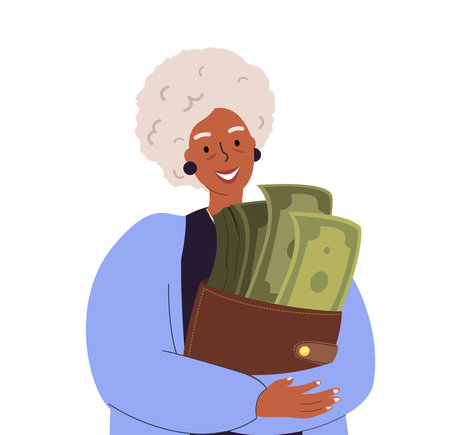 Senior African Retired Pensioner Woman,Female Character Hold Pile of money,Wallet with Green Bills,Notes.Financial Wealth,Money Accumulation,Pension Savings,Wealthy Rich Retirement.Vector Illustrationのイラスト素材