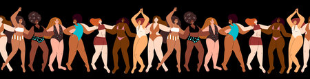 Endless Pattern .Different Confident Women with different figures,shapes,plus-size curvy fat bodies.Plump chubby ladies .Happy pretty chunky girls standing in beach swimsuits.Flat vector illustrationのイラスト素材