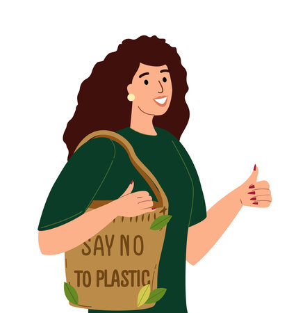 Happy Woman using Textile environmentally friendly reusable shopping bag or eco shopper with lettering Say No To Plastic Bags handwritten with modern funky font on it.Flat vector illustration isolatedのイラスト素材