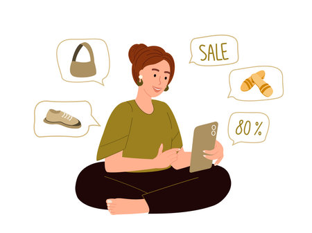 Woman doing shopping online with mobile phone, buying clothes on sale.Customer buyer using smartphone, making purchases through internet at home. Flat vector illustration isolated on white backgroundのイラスト素材