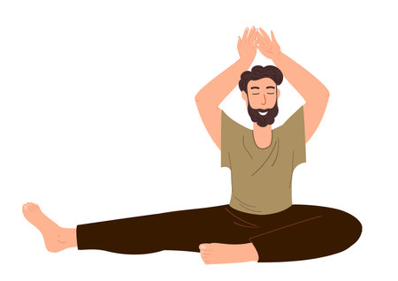 Young Male Character Stretching,Realxing in Engage Yoga Practice Isolated on White Background.Man Calmimg, Meditating,Practising Asana.Pilates Workout,Training Class.Cartoon People Vector Illustrationのイラスト素材