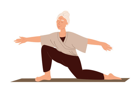 Aged Retired Woman Stretching,balancing, standing on knee,Realxing in Engage Yoga Practice Isolated on white background.Old Woman Calmimg,Meditating do Sports,Training Class.People Vector Illustrationのイラスト素材