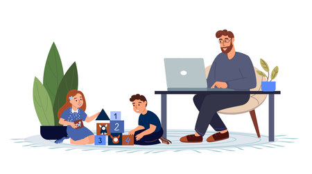 Young Business man in maternity leave with kids.Father Freelancer Working Remotely on Laptop at Home.Business man on Laptop in Child Care Decree.Dad Study Seminar Conference.Flat Vector Illustrationのイラスト素材