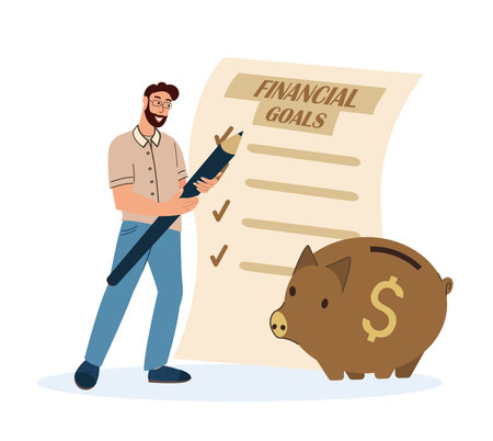 Confident Smiling Man Writing financial goals on Huge Paper List.Financial Prosperity Concept,Money Box Deductions,Money Savings,Wealthy Stable Life.Flat Vector Illustration isolated,white backgroundのイラスト素材