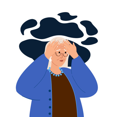 Worried Elderly Woman with headache or Dementia.Forgetful Senior Character with Amnesia,Alzheimer Disease.Confused Grandmother,Forget,Try Remember.Troubled Worried Old Retired.Flat Vector Illustrationのイラスト素材