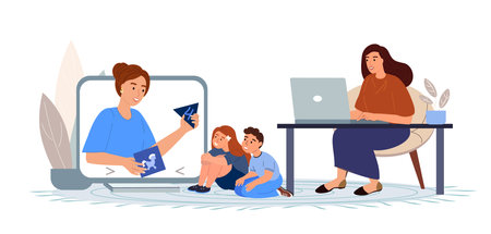 Young Business woman working.Online Babysitter playing with kids.Mother Freelancer Working Remotely on Laptop at Home.Business woman in Child Care Decree.Mom on Seminar Conference.Vector Illustrationのイラスト素材