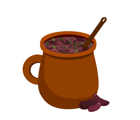 Lobio in pot.Traditional Geargian Dish with beans in clay pot.Dish of national Georgian cuisine,Samegrelo.Sakartvelo cuisine.Illustartion for cafe and restaurants menu.Flat vector illustrationのイラスト素材