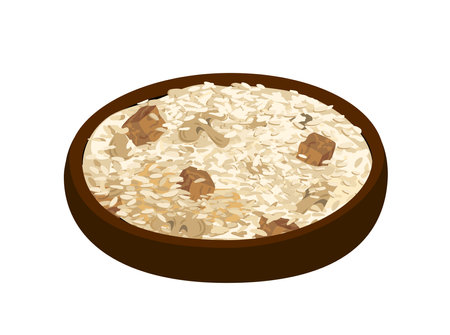 Shila plavi,rice porrige,risotto,pilaw.Asian tasty traditional dish with rice,meat, spices.Dish of national Azerbaijani,tajik Asian cuisine.Sakartvelo cuisine.Restaurant,cafe Flat vector illustrationのイラスト素材
