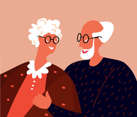 Senior Aged Loving Couple Hugging,Elderly People,Old Man,Woman in Love,Friendly Relations Spend Time Together,Close Romantic Relationships.St Valentines Day Card.Cartoon Flat Vector Illustrationのイラスト素材
