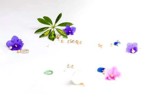 Background for the design. Beads. Green leaf. Various decor elements. Bright flowers. Light base.の写真素材