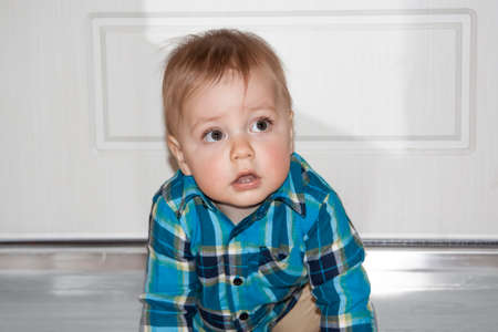 Portrait of a cute little boy in a blue shirt.の写真素材