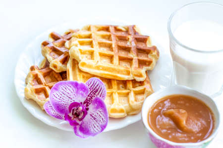 Viennese homemade waffles are served for Breakfast with milk and homemade jam. Waffles with milk.の写真素材
