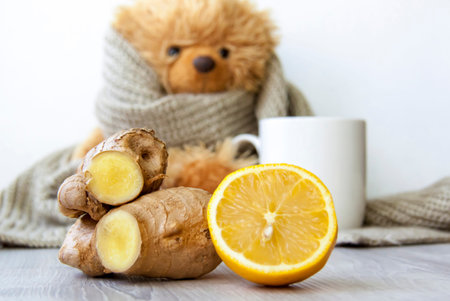 Ginger tea with lemon. Season of colds and infections. Strengthening of immunity. A Cup of tea with...