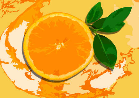 Illustration of a cut orange on a bright orange background. Slice of citrus fruit. Template for creative and graphic works. Layout, template.の写真素材