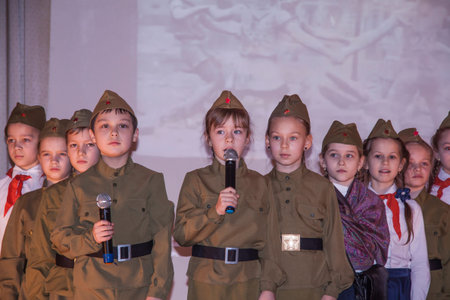 Moscow, Russia, 2020-02-15, A group of children in the uniform of the Soviet army. Performance of...