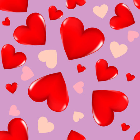 Red 3D hearts and pink hearts on a colored background. Seamless background. Stylish creative...