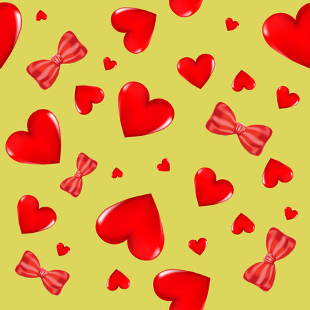 Red 3D hearts and bows on a colored background. Seamless background. Stylish creative wallpaper....