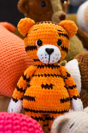 Knitted toys. Crocheted cute little animals. handmade toy, Plush Stuffed toys, Cute little animalsの写真素材