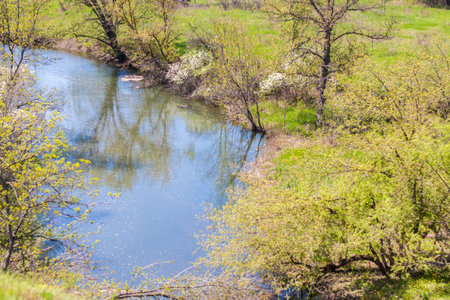 Natural landscape. rural area. beautiful spring landscape in the mountains. grassy field and hills. rural landscapesの写真素材