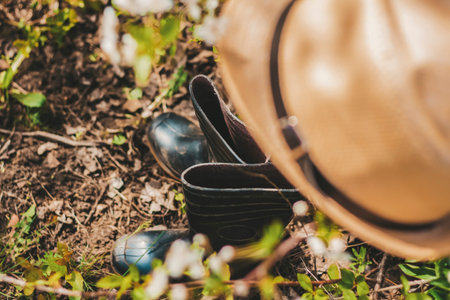 In the garden, on a tree with white cherry blossoms, there is a garden hat, and under it are boots....
