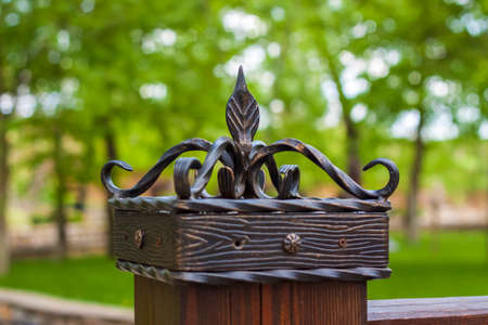 2021-05-07. Russia. Kamensk-Shakhtinsky, Rostov region. Beautiful decor elements in the park for tourists. Window, wrought iron products, lantern, post, decorative landscape. LOGA Landscape Parkのeditorial素材