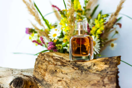 a perfume bottle on the background of a dry stump, tree bark and a bouquet of wild flowers. Stylish appearance, layout, personality. Banner, a place for the text. Background for advertising and presentation.の写真素材