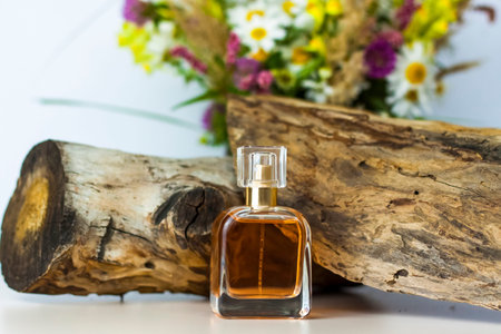 a perfume bottle on the background of a dry stump, tree bark and a bouquet of wild flowers. Stylish...