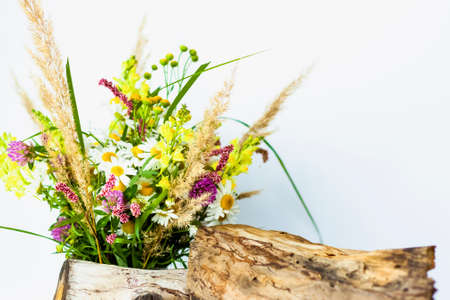 a dry stump, tree bark and a bouquet of wild flowers in a small glass vase. Stylish appearance, layout, personality. Banner, a place for the text. Background for advertising and presentation.の写真素材