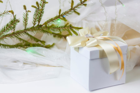 A Christmas gift decorated with a beautiful bow on a light background with a twig, if. Selective...