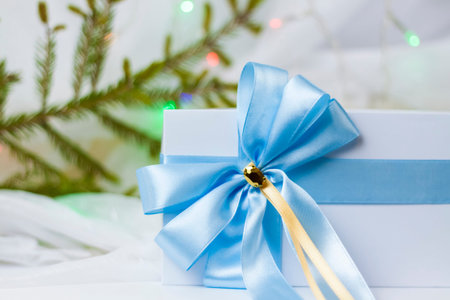 A Christmas gift decorated with a beautiful bow on a light background with a twig, if. Selective...