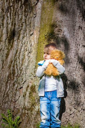 A cute boy is playing with a bear cub in the forest. The sun's rays envelop the space. A magical story of interactions for the book. Space for copying. selective focus.の写真素材