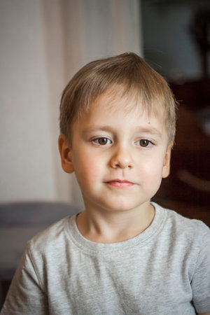 A photo of a handsome boy in a gray T-shirt looking at the camera. Portrait in a bright room....
