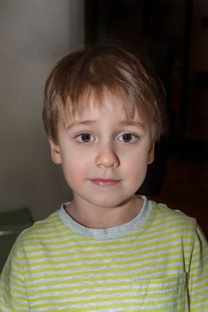 A cute boy in a striped T-shirt. Portrait of a blond boy in a natural setting. The face expresses natural emotions. Not staged photos from nature.の写真素材