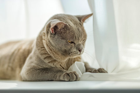 A domestic male Burmese cat, gray with yellow eyes, in a city apartment building. It effectively lies on the windowsill. natural habitat. A happy pet.の写真素材