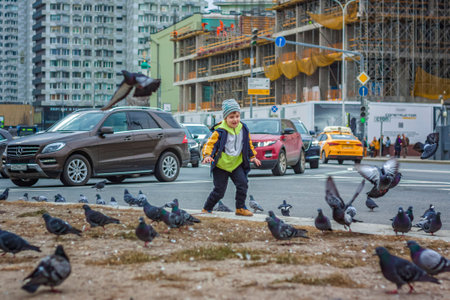 2023-04-09. Moscow, Russia. A boy is hunting and trying to catch street pigeons in Moscow. Birds, pigeons, chaseのeditorial素材