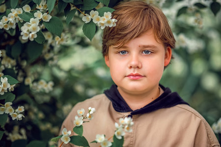 A young handsome boy of European appearance poses in bloom in nature. Not staged portraits of a boy. It's a great time to relax. Portrait of a child.の写真素材