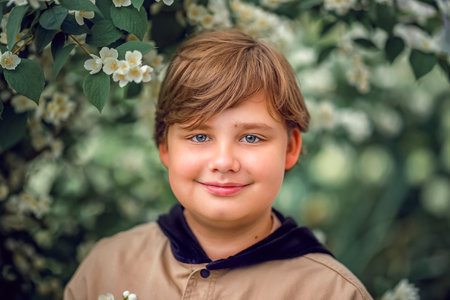 A young handsome boy of European appearance poses in bloom in nature. Not staged portraits of a boy. It's a great time to relax. Portrait of a child.の写真素材
