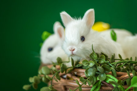 Cute white rabbits are sitting in a wicker basket. The decor is decorated with flowers and lemons. A place for the text. Cute postcard with rabbitsの写真素材