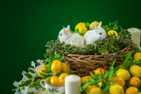 Cute white rabbits are sitting in a wicker basket. The decor is decorated with flowers and lemons. A place for the text. Cute postcard with rabbitsの写真素材