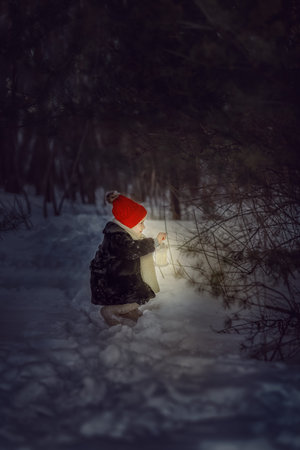 Portrait of a handsome boy in retro style. Creative, fabulous photo processing. Winter fairy tale....